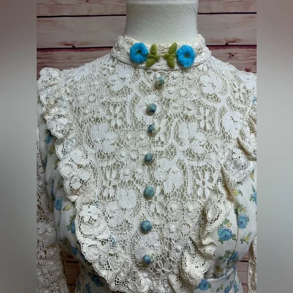 Vintage Floral High Neck Crochet Long Sleeve Prairie Dress